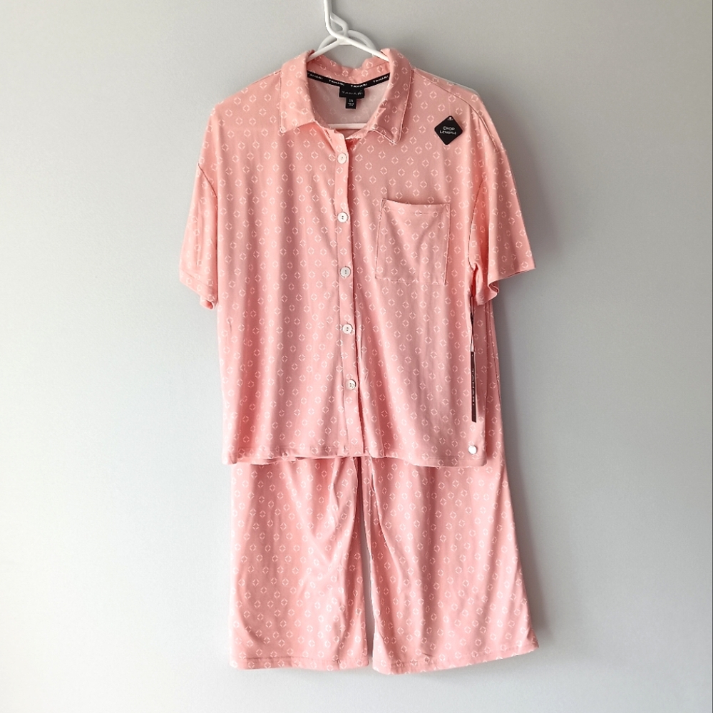 New Tahari Pajama Set Short-Sleeve Top Cropped Pant Mini Tile Pink White Large